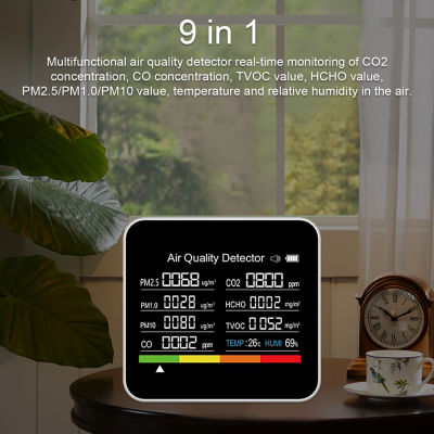 Fansline-9อิน1เครื่องวัด CO2ตัวตรวจจับคาร์บอนไดออกไซด์หน้าจอที่มีคุณภาพ CO2อากาศ,PM2.5 PM1.0ตรวจจับอุณหภูมิความชื้นพร้อมฟังก์ชั่นเตือนสำหรับรถสำนักงานบ้าน