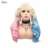 Sylvia Long Wavy Heat Resistant Synthetic Lace Front Wig for Women Blonde Ombre Half Blue/Half Pink Wig Halloween Cosplay Wig Wig  Hair Extensions Pad