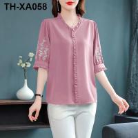 2023 new noble temperament chiffon shirt summer new high-end satin embroidery fashion mother dress small shirt for women