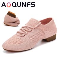 AOQUNFS Knitted Jazz Shoes Stretch Light Tan Black Adult Dance Sneakers Light Weight Women Training Shoes Low Heeled Comfy Shoes