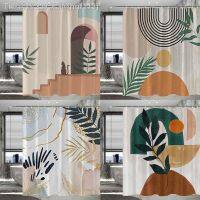 【CW】♞⊕☃  Boho Mid Shower Curtain  Abstract Arch Leaves for Minimalistic