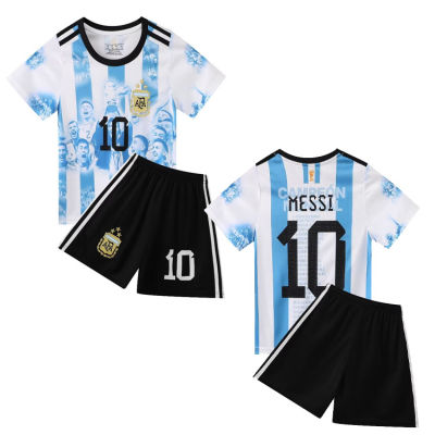 【Ready Stock】 Cute 22/23 Childrens Set World Cup Argentina Jersey Home Away Messi Football Tshirt Shorts Kids Suit