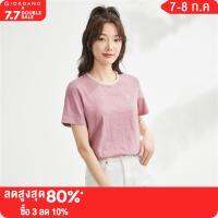 GIORDANO Women T-Shirts Flower Embroidery Slub Cotton Tee Contrast Color Crewneck Short Sleeve Summer Casual Tshirts 05323410