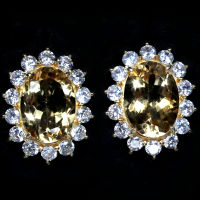 ต่างหูพลอยแท้ ซิทริน(Citrine) 10 x 14 mm. ล้อม เพทายขาว เงินแท้ 925 ชุบทอง18k