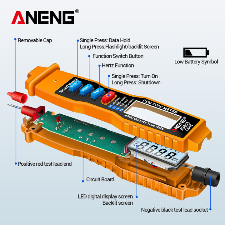 aneng-ปากกาดิจิตอลมัลติมิเตอร์-ncv-ac-dc-โวลต์มิเตอร์-ohmmeter-ความต้านทานความจุ-frequanecy-live-line-test-มือถือ4000นับแอลซีดี-backlight-เครื่องทดสอบที่ทดสอบไฮโกรมิเตอร์และไฟฉาย