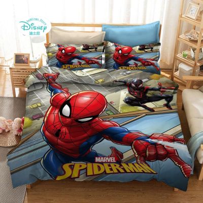ชุดปลอกผ้านวม Disney Marvel พิมพ์ดิจิตอลผ้าคลุมผ้านวมการ์ตูนสไปเดอร์แมนเด็กปลอกหมอนเตียงนอนเด็กผู้ชายของขวัญสำหรับผู้ใหญ่