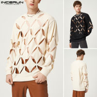 Beehoo INCERUN Mens Long Sleeve Fashion Hollow Out เสื้อกันหนาวเสื้อสวมหัวลำลอง Hippy T เสื้อ Tops (สไตล์ตะวันตก)