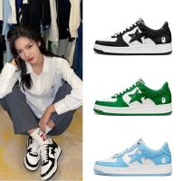 Bape BAPESTA หนังนิ่มคู่รองเท้าสเก็ตสบายๆ Vibe ถนนสีทึบตัดต่ำหนังรองเท้าผ้าใบสเก็ตบอร์ด