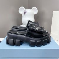 Thick-soled slippers women 2023 spring and summer new pradaˉflat-bottomed casual outerwear Velcro leather sandals and slippers