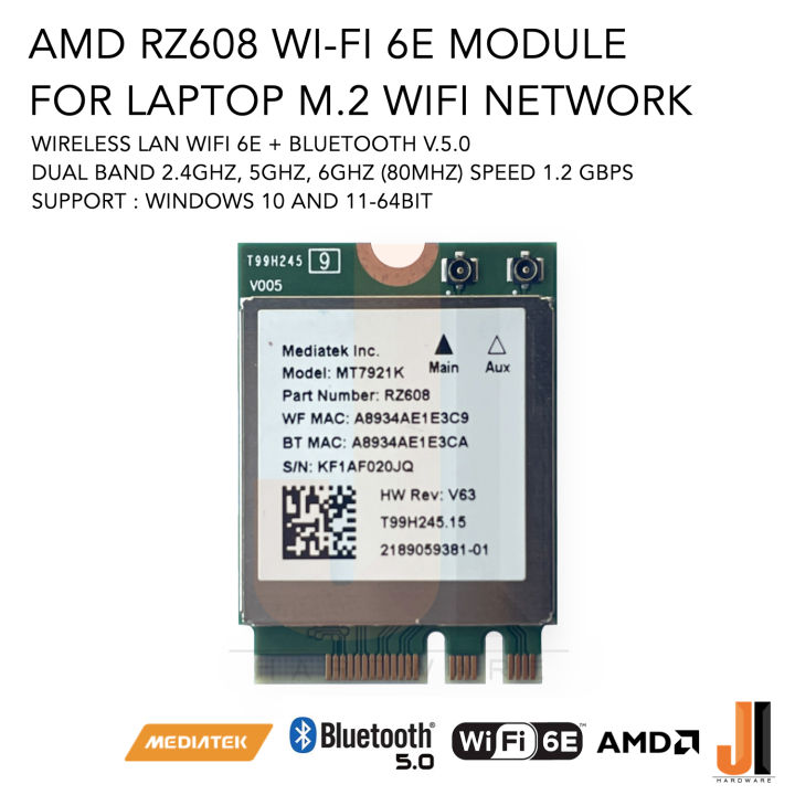 amd-rz608-wi-fi-6e-module-card-for-notebook-wifi-network-wireless-lan-bluetooth-v-5-0-dual-band-2-4ghz-6ghz-80mhz-speed-1-2-gbps-ของใหม่มีการรับประกัน