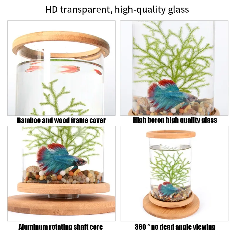 SGSG 360 Degree Rotating Glass Betta Fish Tank Bamboo Base Mini Fish Tank  Decoration Rotate Fish Bowl Aquarium Accessories (Iron Tree and Light)