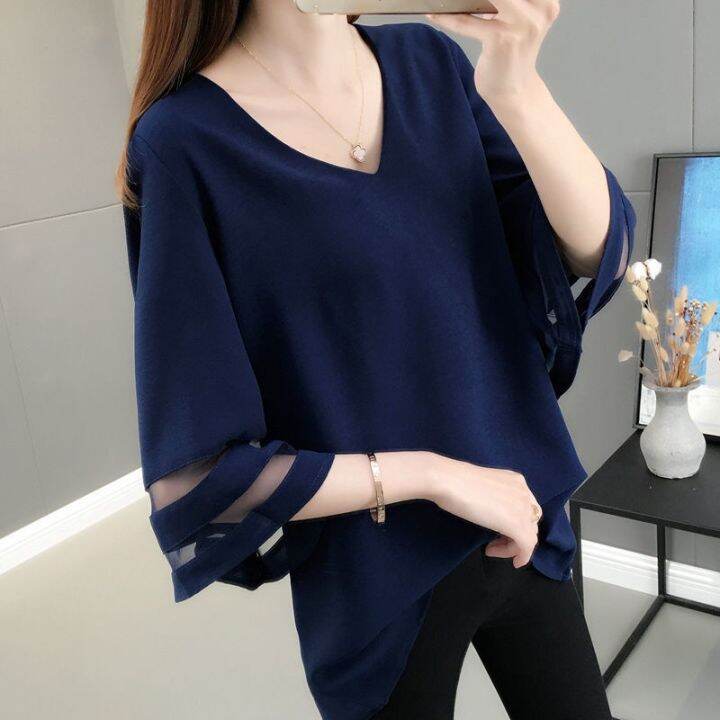 Plus Size Women Ladies Loose Chiffon Tops Long Sleeve Shirt