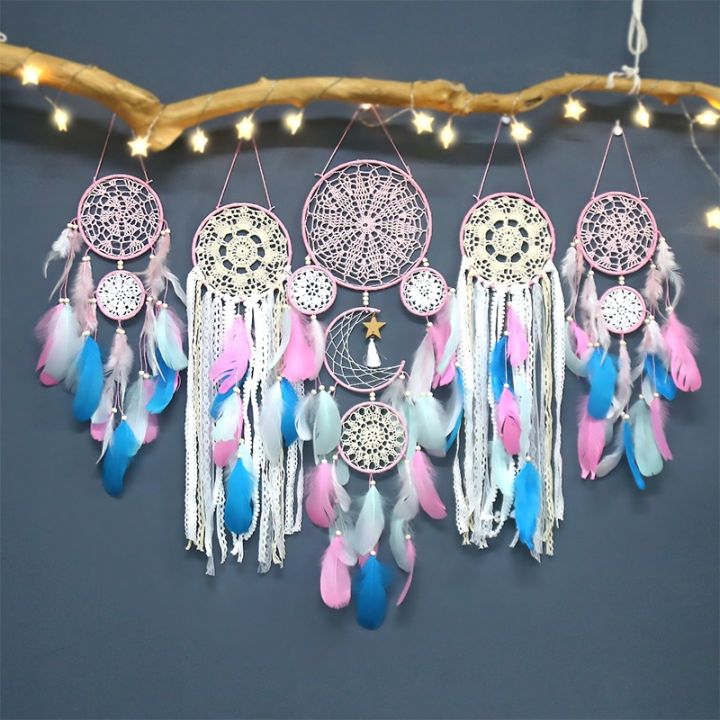 new-indian-5pcs-set-feathers-dream-catcher-handmade-wall-hanging-home-living-room-bedroom-decoration-no-light-and-wood-stick