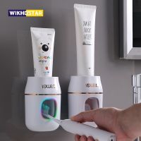 WIKHOSTAR Bathroom Accessoriest Set Automatic Toothpaste Dispenser Wall-mounted Toothpaste Squeezer Dust-proof Toothbrush Holder