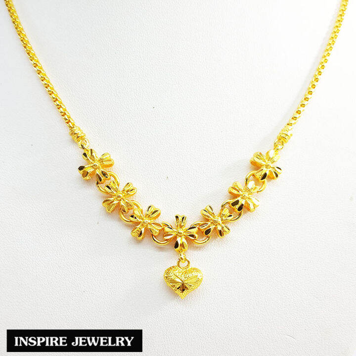 inspire-jewelry-สร้อยคอสังวาลย์-ดอกไม้เรียง-ห้อยหัวใจตอกลายหุ้มทองแท้-100-18-นิ้ว-น้ำหนัก-1-บาท-พร้อมถุงกำมะหยี่