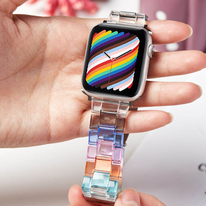 สายเรซิ่นสายรุ้งเข้ากันได้กับ-apple-watch-band-45มม-41มม-44-40-42-38สายโปร่งใสที่มีสีสันแฟชั่นสีทึบสำหรับ-i-watch-series-8-7-6-5-4-3-2-1-se-man-weman-smartwatch-สายรัดทำควา