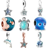 2023 New Blue Ocean Animals Dolphin Starfish Octopus Turtle Beads Fit Original Pandora Charms Silver Color Bracelet DIY Jewelry