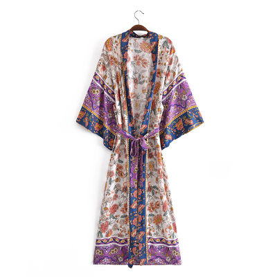 Boho Queens Multi florals print bat sleeve beach Bohemian dresses Kimono robe Ladies V neck Summer bikini cover-up