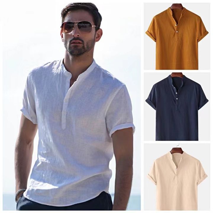 KAHAN #2025 Chinese Collar Half Button Short Sleeves Cotton Polo Shirt ...