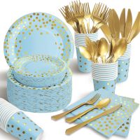 Blue Gold Dot Party Supplies Party อาหารเย็น Golden Dot แผ่นกระดาษผ้ากันเปื้อนถ้วยสำหรับวันเกิดงานแต่งงาน Decor