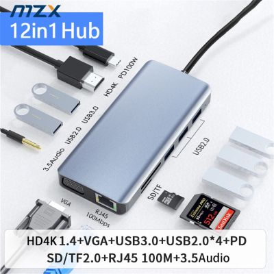 MZX 12-In-1เครื่องผลิตแท่นวางมือถือ HDMI รองรับ4K VGA HD 100Mbps Rj45อีเธอร์เน็ตการ์ดความจำเสียงชนิด C ฮับ USB 3.0 2.0 Dock Feona