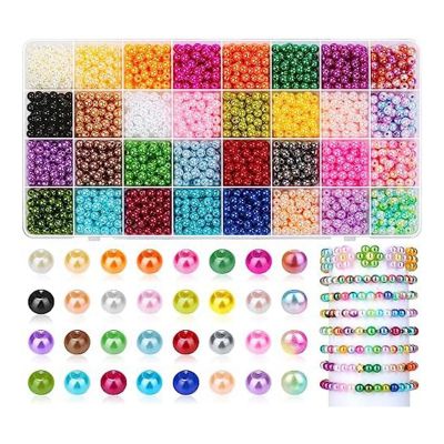 Pearl Beads for Jewelry Making, 32 Colors Round Pearl Beads with Holes, 1920Pcs 6mm Handmade Colorful Loose Beads Small