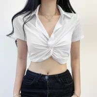 Croptop Women Korean Style Fashion Sexy Blouse Summer Slim Short Sleeve White Shirt