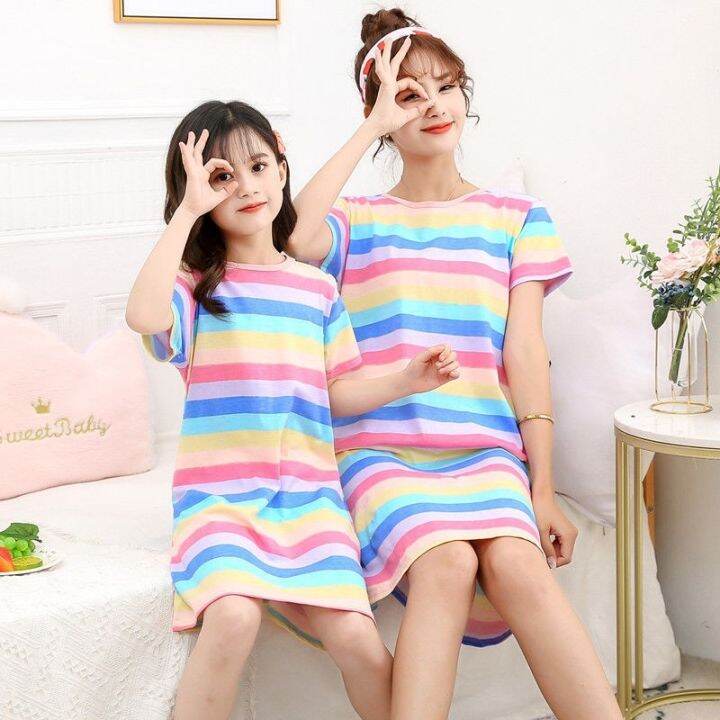 ready-stock-cotton-kids-dress-korean-girl-nightdress-short-sleeve-kids-pyjamas-girl-pajamas-parent-child-dress-baby-girl-dress-mom-dress-mother-and-daughter-sleepwear-nightwear-kids-sleepwear