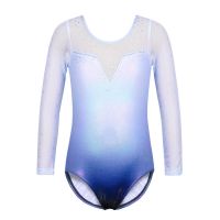 ✠ BAOHULU Girls Sequin Blue Ballet Leotard Chiffon Long Sleeve Gymnastics Leotard Soft Touch Dance Bodysuit Ballerina Costume