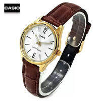 Velashop นาฬิกาผู้หญิงคาสิโอ CASIO Standard สายหนังสีน้ำตาล หน้าปัดขาว รุ่น LTP-V005GL-7BUDF, LTP-V005GL-7B,  LTP-V005GL