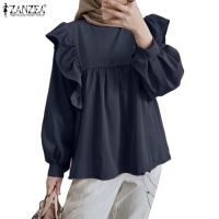 COD dhdfxcz ZANZEA Women Casual O Neck Ruffle Long Lantern Sleeve Muslim Blouse