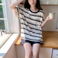 COD Summer modal pajamas womens striped short-sleeved shorts thin simple style suit (with chest pad)