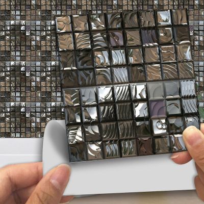 [24 Home Accessories] 10Pcs Black Abstract Mosaic Wall Sticker PVC Self-Adhesive Waterproof Kitchen Bathroom Tiles Wall Decors 10/15/20ซม.