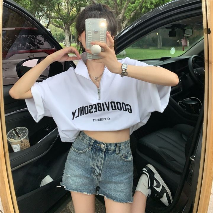 dahong-เสื้อยืดแฟชั่นไซส์ใหญ่-oversize-เสื้อสาวอวบ-แต่งซิปครึ่ง-2434