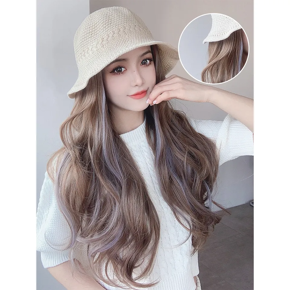 hot SEEANO Synthetic Long Wave Cap Wig Female Beautiful Fisherman Hat Wig  daily Use White Hat 2022 Spring And Summer New Fashion