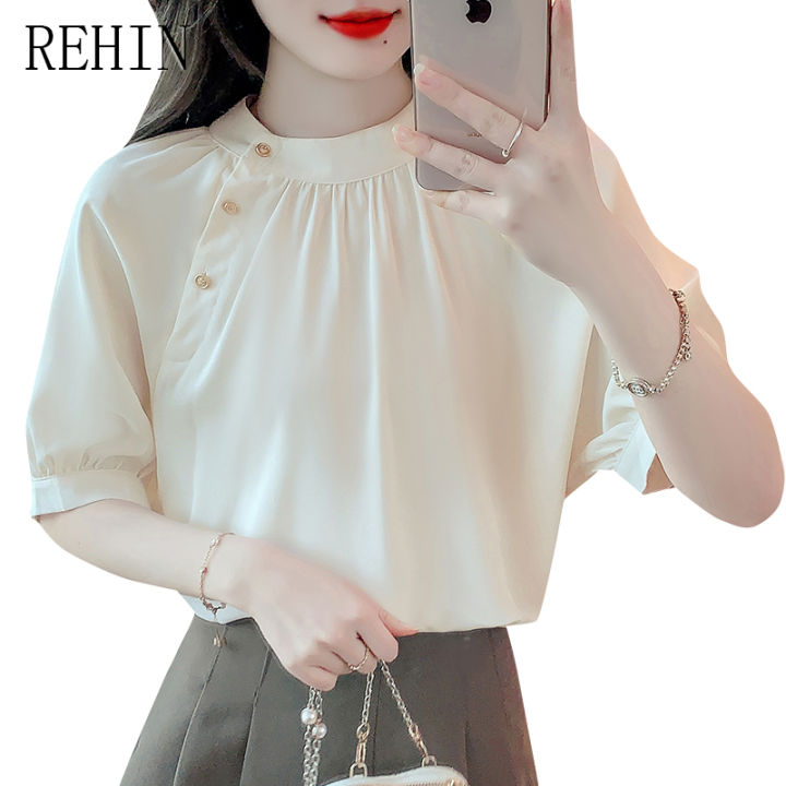 rehin-เสื้อคอกลมผู้หญิงสไตล์ฝรั่งเศสเสื้อครึ่งตัวสตรีหวานแหววอ่อนโยนสำหรับฤดูร้อน2023