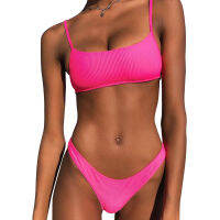 ผู้หญิงเซ็กซี่2ชิ้นชุดบิกินี่ Bandeau Ribbed ชุดว่ายน้ำ Neon ชุดว่ายน้ำสีทึบ