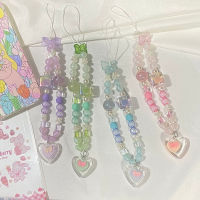 【Akula Store】Korean Love Heart Bowknot Phone Chain Lanyard Acrylic Beaded Mobile Phone Pendant For Women Anti-Lost Phone Sling Wrist Hanging Rope