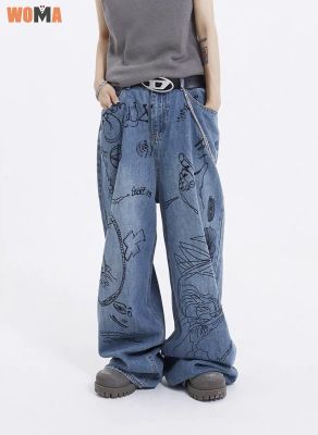 WOMA กางเกงยีนส์ขากว้างของผู้ชายลายกราฟฟิตีวินเทจกางเกงขายาวลำลองอเนกประสงค์ทรงหลวม