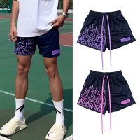 Mens Summer New American Trend Fire Printed Hip Hop Street Shorts Above The Knee Summer Quick-drying Loose Basketball Short Pants Purple Pink