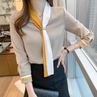 Patchwork Color-blocking Suit Collar Chiffon Blouses Commuter Womens Clothing 2022 Fashion Elegant Office Lady Work Wear Shirts