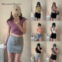 HolidayQueen เสื้อยืดลมแขนสั้นผู้หญิงสีทึบคอกลมแขนสั้นสั้นสั้นสั้นสั้นสั้นสั้นสั้นสั้น HQ2344ทรงครอปเอวสูง