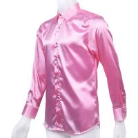 X8leisure Mens Clothing High-grade Emulation Silk Long Sleeve Shirts Mens Casual Shirt Shiny Satin pink M