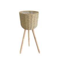 Nordic Style Floor Woven Round Storage Basket with Wooden Legs Plant Pot Stand Holder Flowerpot Planter Organizer