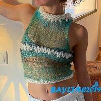 BAY-90s Vintage Patchwork Knitted Tank Top Y2K Aesthetic Hollow Out Cropped Women Summer Beach Holiday Mini Vest