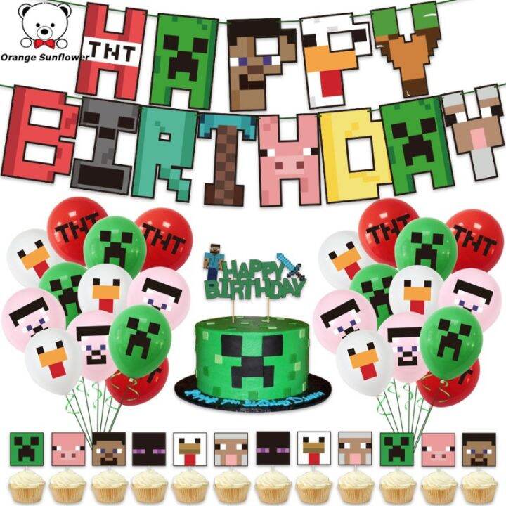 58pcs Minecraft Balloons Happy Birthday Banner Cake Topper Set Party ...