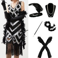 ผู้หญิง1920S Gatsby แรงบันดาลใจเลื่อมลูกปัดยาว Fringe Flapper ชุดแขนกุดชุดอุปกรณ์เสริม