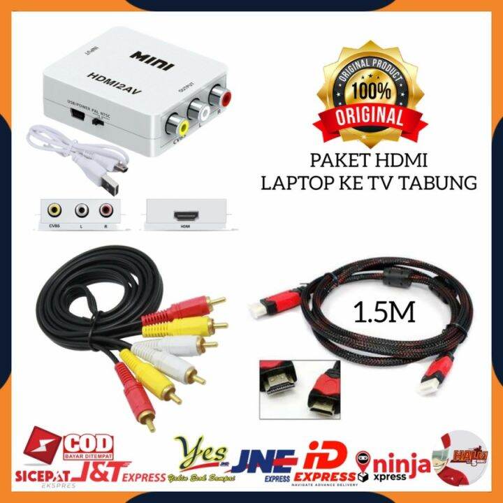 PAKET HEMAT KABEL HDMI TO RCA LAPTOP KE TV TABUNG CONVERTER MINI BOX
