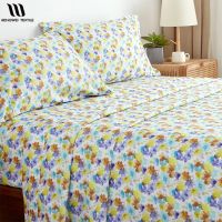 ◘ Bed Sheet Set King Size Fitted Sheet Flat Sheets with Pillowcase Cover 4Pcs Floral Printed Linens for 2 People Soft Bedding Set
