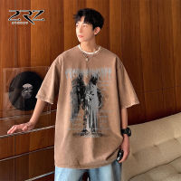 2Rz Mens Cotton Short-Sleeved T-Shirt Summer Round Neck Half Sleeve T-Shirt Hong Kong Style Loose Washed-Out Distressed T-Shirt Fashion